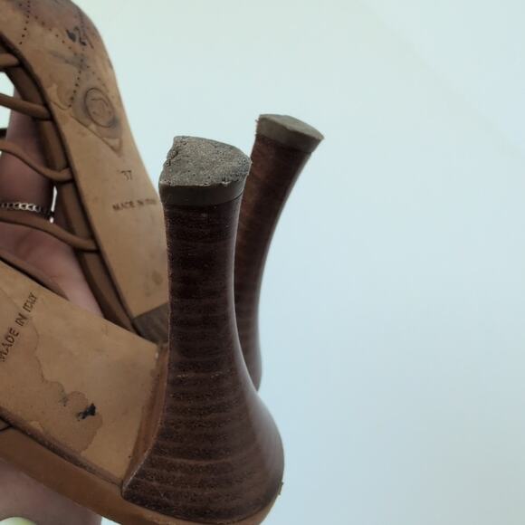 Auth Chanel Brown Leather Strappy Slides Heels Mules Sandals Spellout Size 37 - Picture 10 of 12